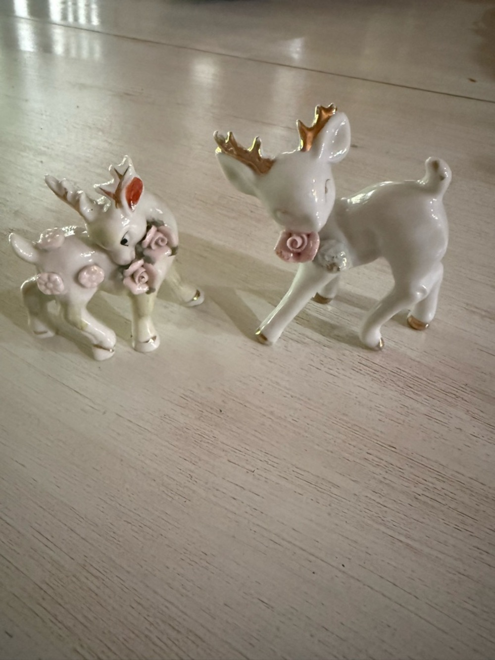 Vintage Japan Porcelain White & Pink Deer Figurine Set with Gold Accents
